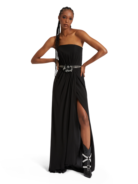 LONG STRAPLESS BUSTIER DRESS IN SILK GEORGETTE