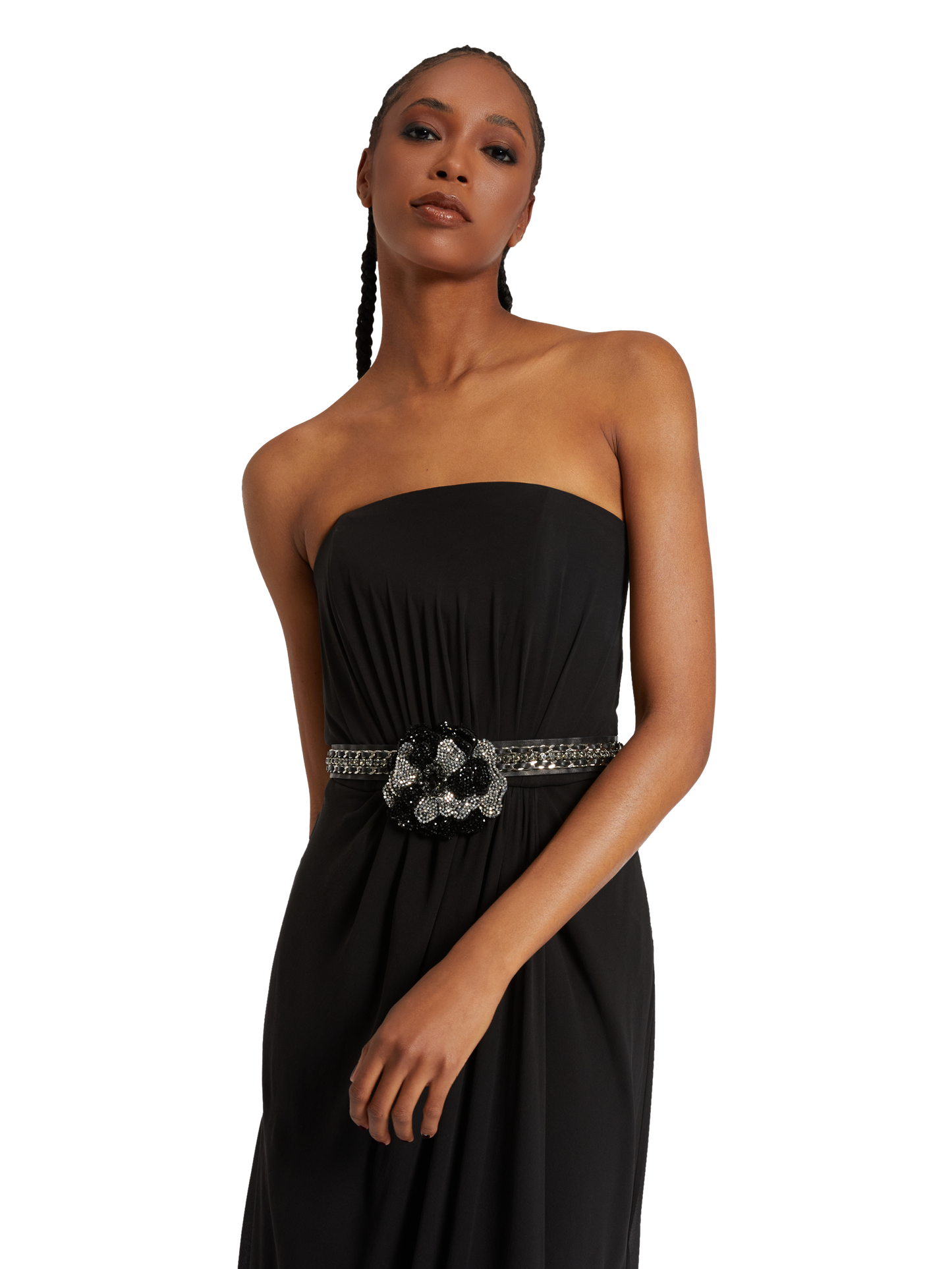 LONG STRAPLESS BUSTIER DRESS IN SILK GEORGETTE