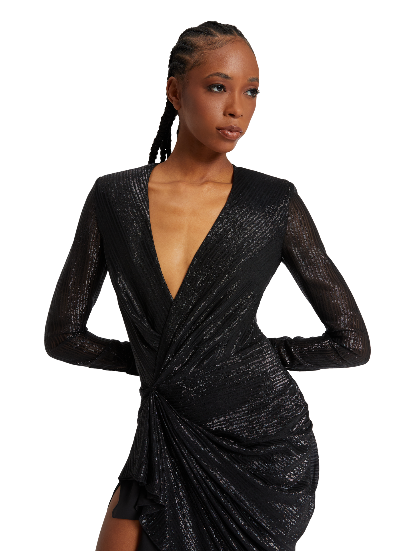 Long draped dress in silk chiffon lurex